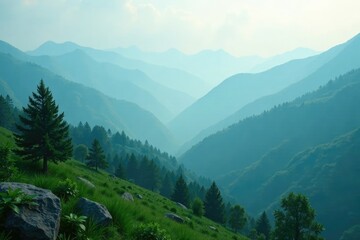 Fototapeta premium Soft focus on misty mountains with blue-green hues, Calming, Ecosystem