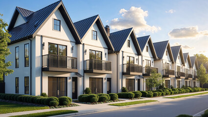 A row of contemporary townhouses featuring gray metal roof, white wall and second floor balcony on each unit