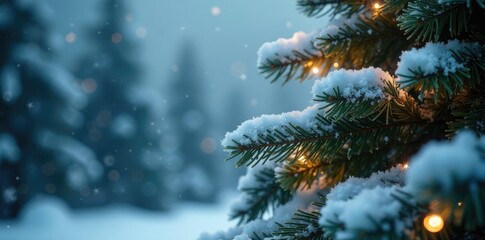 Frosty fir tree with snow-covered branches and twinkling lights, snowflakes, evergreen tree