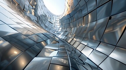 A reflective, twisting metallic structure creating an abstract architectural design.