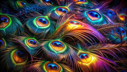 Stunning Night Photography of Peacock Feathers with Vibrant Colors and Intricate Patterns in a Dark Background for Nature and Wildlife Enthusiasts
