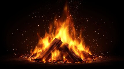 Blazing Campfire: A vibrant bonfire crackles and glows against a stark black background, emitting dancing flames and showering sparks. The image evokes warmth, adventure.