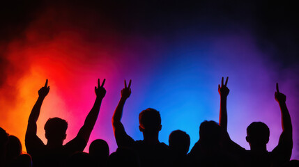 Silhouettes in the Spotlight: A captivating silhouette of a vibrant crowd, their arms raised in a gesture of unity and joy against a colorful backdrop of stage lights.