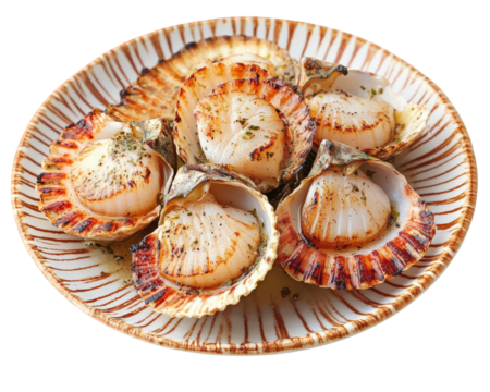 Grilled scallops served on decorative plate, showcasing their delicious texture and flavor. Perfect for seafood lovers and culinary enthusiasts