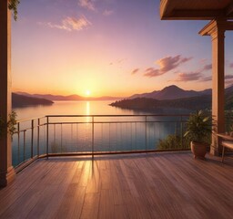 Fototapeta premium Spacious balcony overlooking a serene lake or ocean at sunset, peaceful ambiance, natural beauty