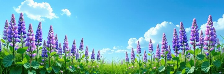 Lupine stems and leaves against a bright blue sky, landscape, serene