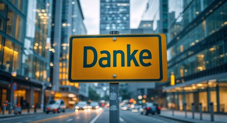 Obraz premium danke text on road sign in middle of modern business city background