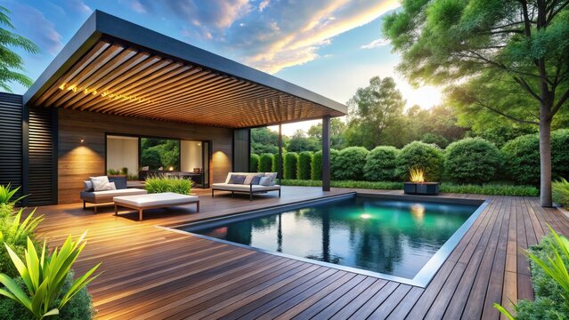 Stylish Outdoor Area with Wooden Deck, Black Slat Roof, Modern Seating, and Shimmering Pool in Contemporary Landscape Photography
