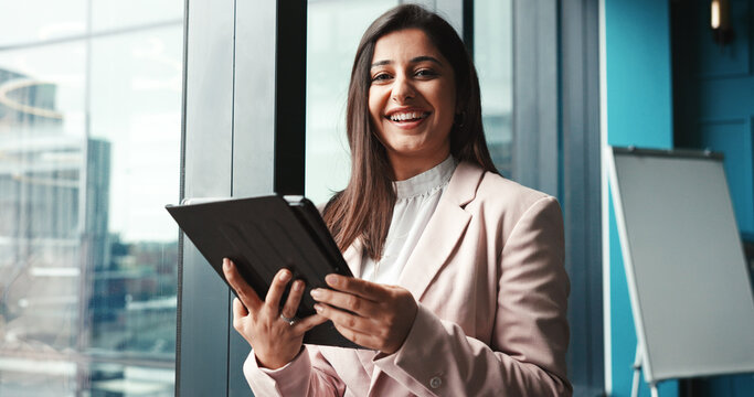 Portrait, corporate and woman on tablet in office for research, planner and schedule conference. Female coordinator, digital and event information with client feedback, guest list and program layout