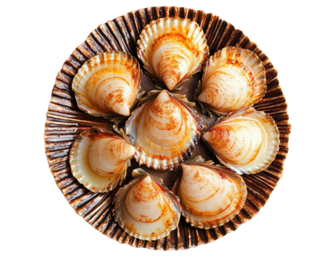 Grilled scallops arranged beautifully on decorative plate, showcasing their natural colors and textures. Perfect for seafood lovers and culinary enthusiasts