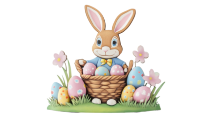 Easter bunny holding basket with colorful eggs and flowers on transparent background