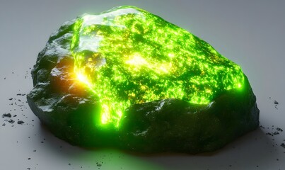 Glowing green gem in dark rock, studio shot