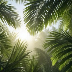 Fototapeta premium Palm leaves shimmering with dew and sunlight in the morning, sunlight filter, leaf