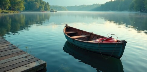 Obraz premium Row boat with life rings on the lake's surface, calm, fishing lake, wooden dock