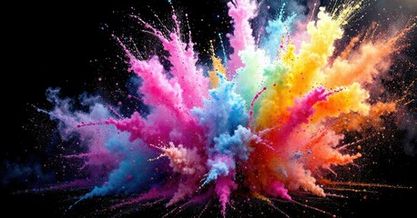 Pastel powder explosion in a colorful background with rainbow dust splash on black background, black background, vibrant colors