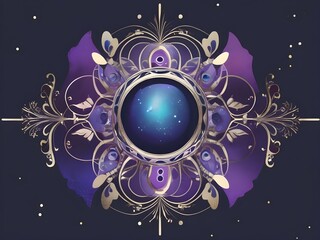 A central, glowing orb surrounded by intricate floral and geometric patterns creates a celestial and mystical appearance. The color palette features deep purples and blues, enhancing the cosmic feel
