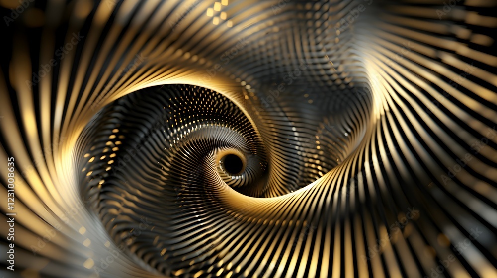 Poster a swirling abstract design with golden and black lines creating a dynamic visual effect.