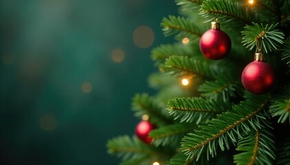 Pine tree with Christmas decorations on green, evergreen, lights