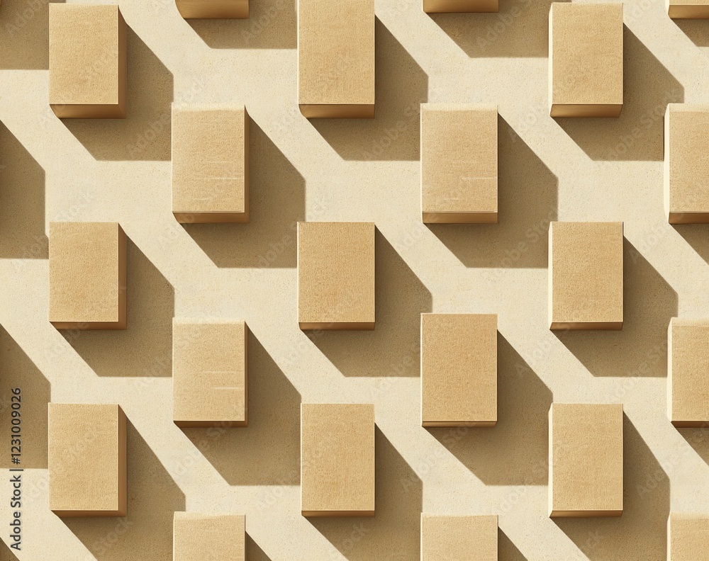 Poster overhead view of many small, square, brown cardboard boxes arranged in a repeating pattern on a beig