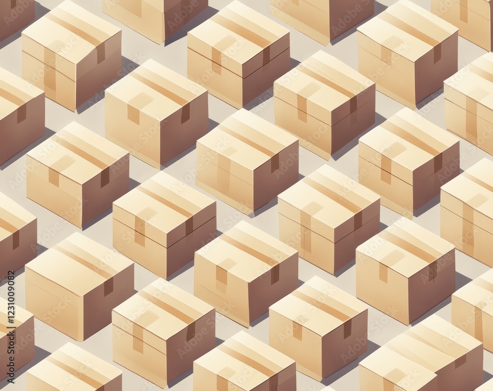 Poster numerous identical cardboard boxes in isometric view, arranged in repeating pattern on light backgro