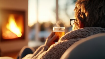 Cozy moments by the fireplace with warm tea and a soft blanket