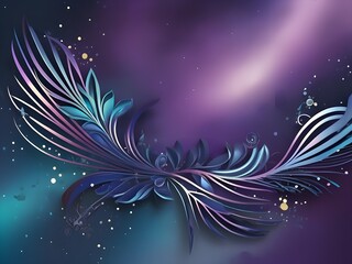 Swirling lines create a graceful, abstract motif against a backdrop of rich purples and blues. Small glowing dots resemble distant stars, adding a celestial quality to the composition.