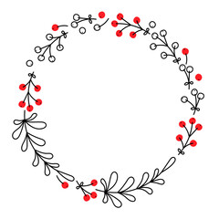Floral circular design featuring red and white berries with delicate branches