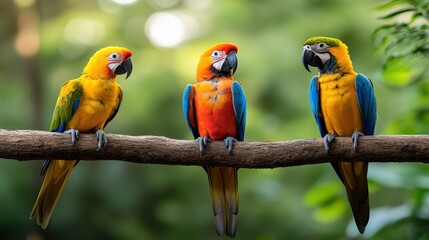 Vibrant parrots perched on lush trees in a tropical paradise