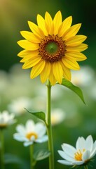 Sunflower stem rising from a bed of white petals, nature, garden