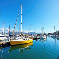 Naklejka premium Sunny harbor scene with a yellow sailboat moored against the dock, nautical, water, marina