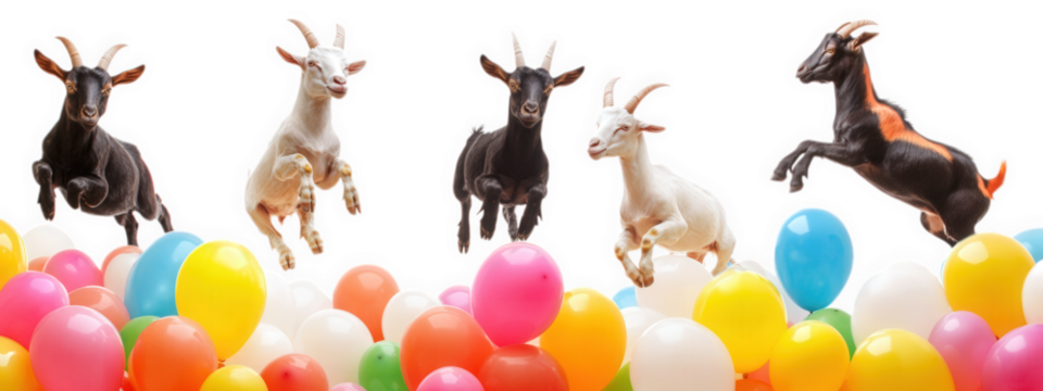 Jumping goats playfully leap into colorful pile of balloons, creating joyful and lively scene. Their energetic movements add sense of fun and excitement to vibrant atmosphere