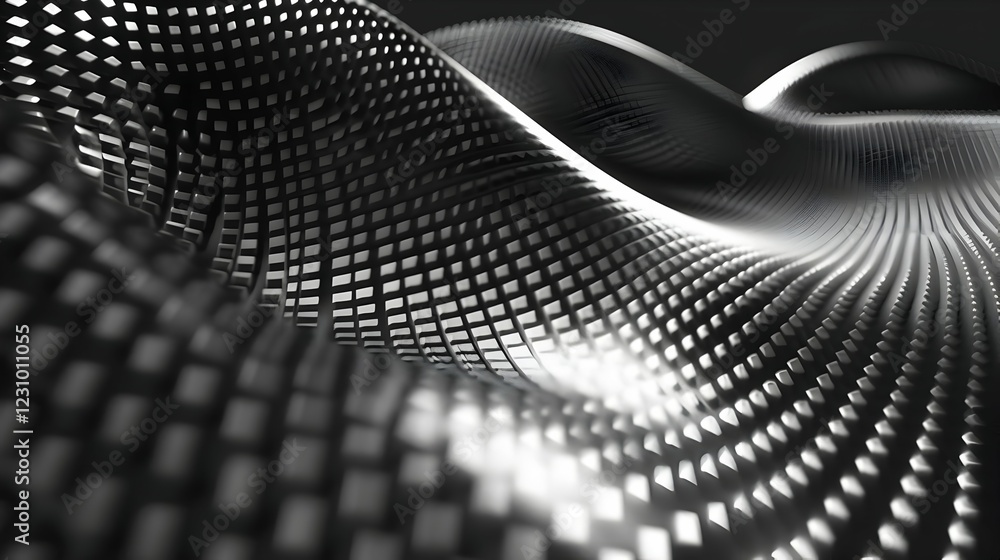 Poster abstract wave-like structure with a grid pattern in monochrome tones.