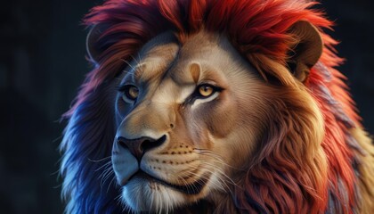 Regal lion with vibrant red and blue mane lighting, golden, bold