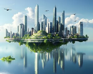 Fototapeta premium A futuristic city skyline with green spaces and reflective water.