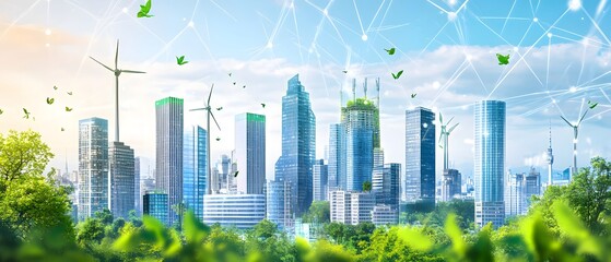 A modern cityscape showcasing sustainable energy and nature.