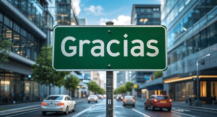 Obraz premium gracias text on road sign in middle of modern business city background