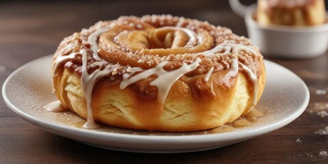 Round plate filled with a fluffy, golden-brown cinnamon bun, topped with a crunchy sugar topping and drizzled with a sweet glaze, food on plate, glazed pastry, pastry