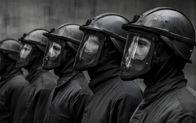 Fototapeta premium Line of uniformed officers standing ready for crowd control.