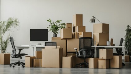 An office space completely surrounded by packed boxes ready for relocation