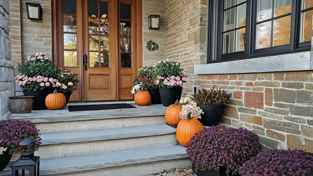 Decorative autumn porch with pumpkins and flowers featuring wooden doors and stone steps in a cozy neighborhood setting