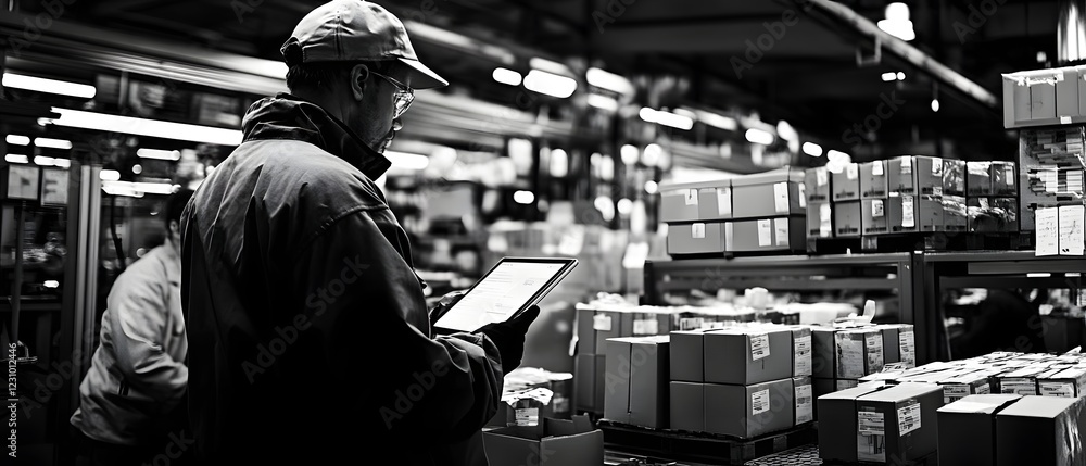 Poster worker checking inventory in a busy warehouse environment.