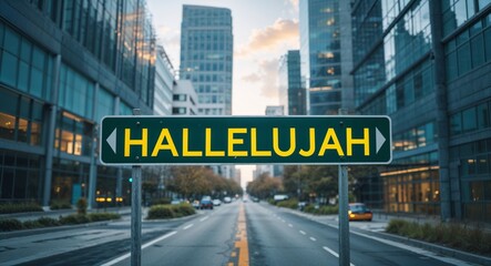 Fototapeta premium hallelujah text on road sign in middle of modern business city background