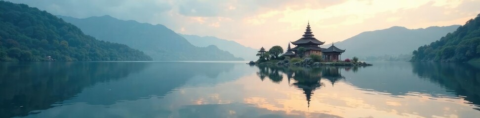 Serene reflection of temple amidst ripples on sacred lake, peaceful scene, perfect reflection