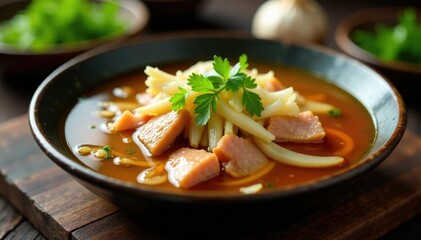 Crispy garlic and onions in a rich pork broth, kitchen, meat