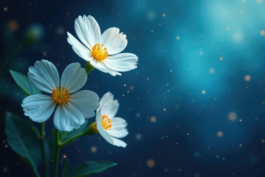 Fiori bianchi e foglie blu oro su uno sfondo scuro con un tocco di luce, eleganza, blu, ombre