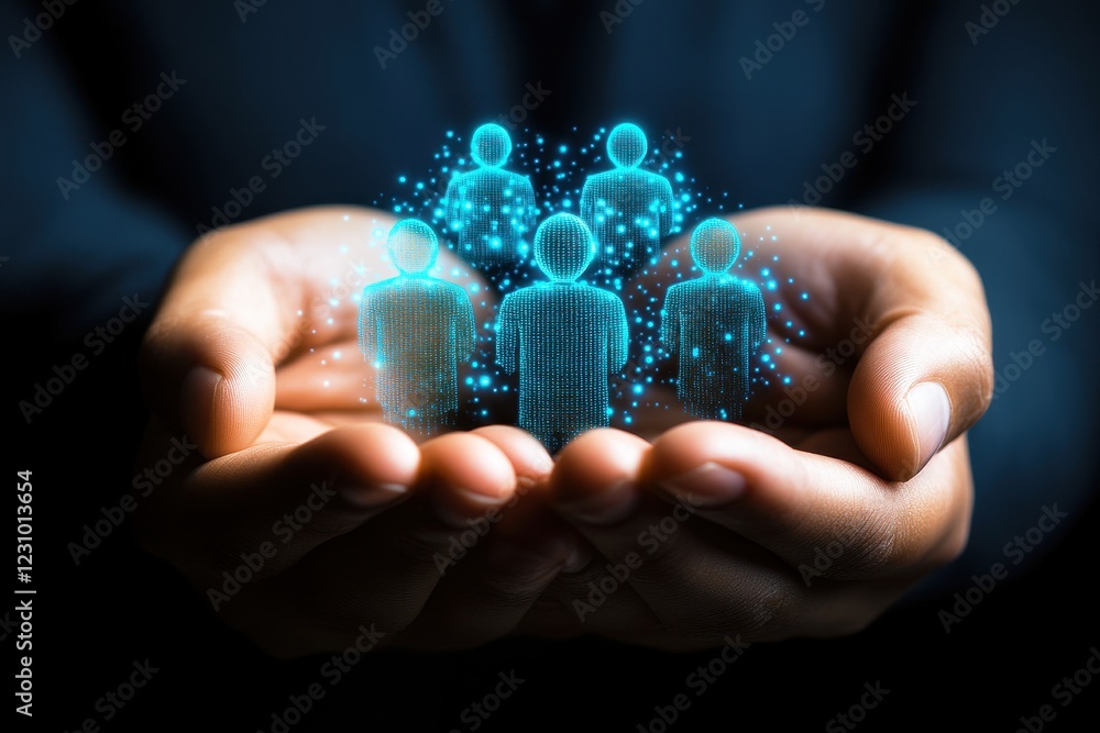 Poster hands holding digital human representations with sparkles and light effects in a conceptual social c