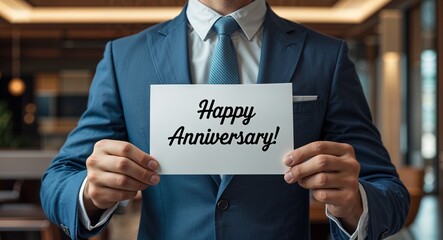 happy anniversary text on plain white paper in hand on guy on formal suit business concept background