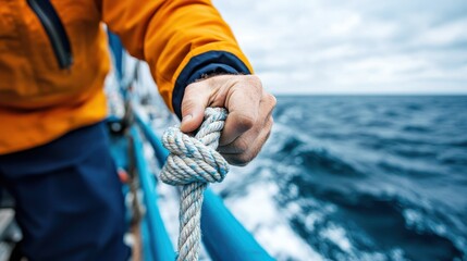 Expert sailor applies skillful knots aboard a tall ship under a vast sky
