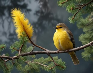 Obraz premium Small bird with yellow rump feathers perched on a thin pine twig , Raleigh North Carolina, pine twig