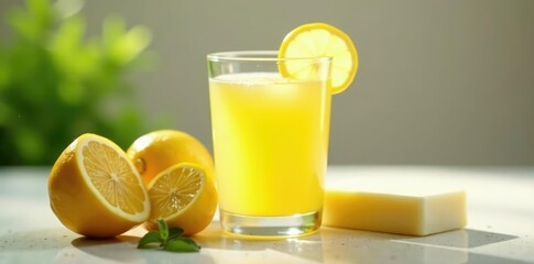 Freshly squeezed lemon juice in a glass with a bar of soap nearby, table, clean